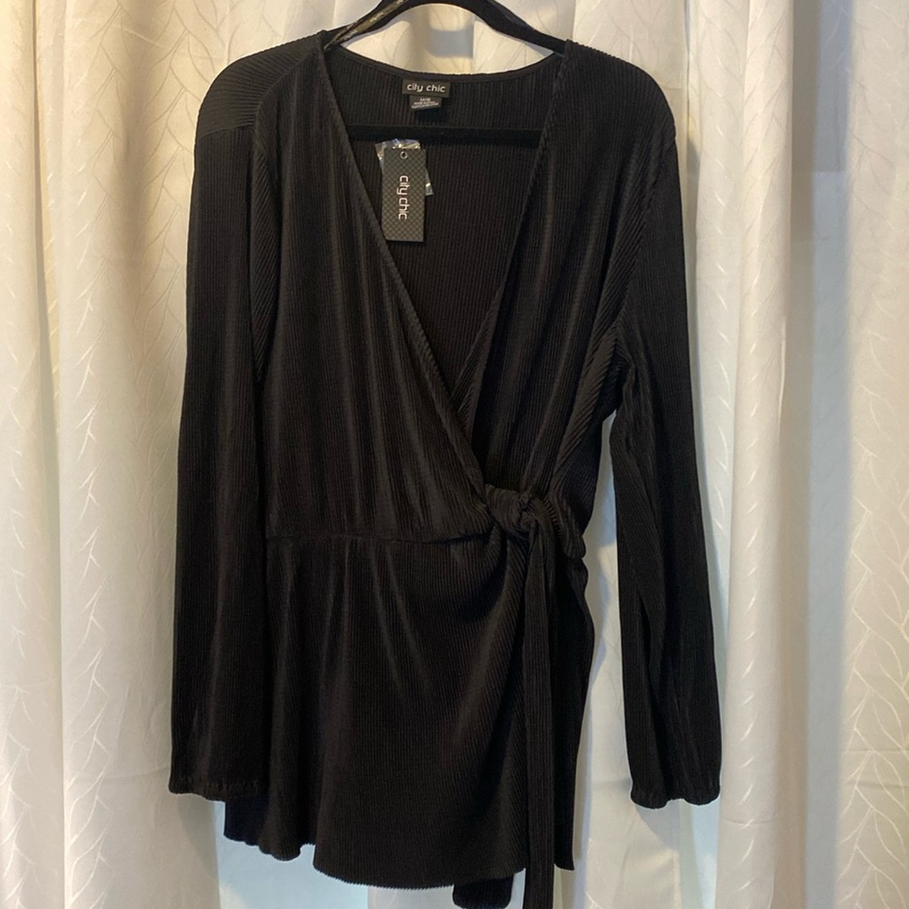 City Chic Faux Wrap Top Black Size 18